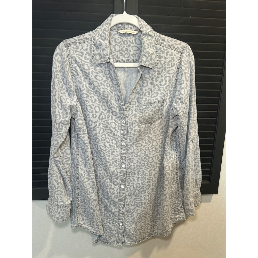 Soft Surroundings Grey Leopard Print Button Down Shirt Women Long Sleeve Small